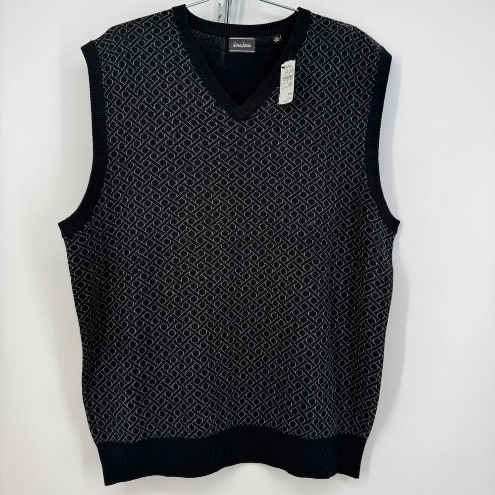 Neiman Marcus XXL Mens Sweater Vest Wool Blend Geometric Black Gray Knit